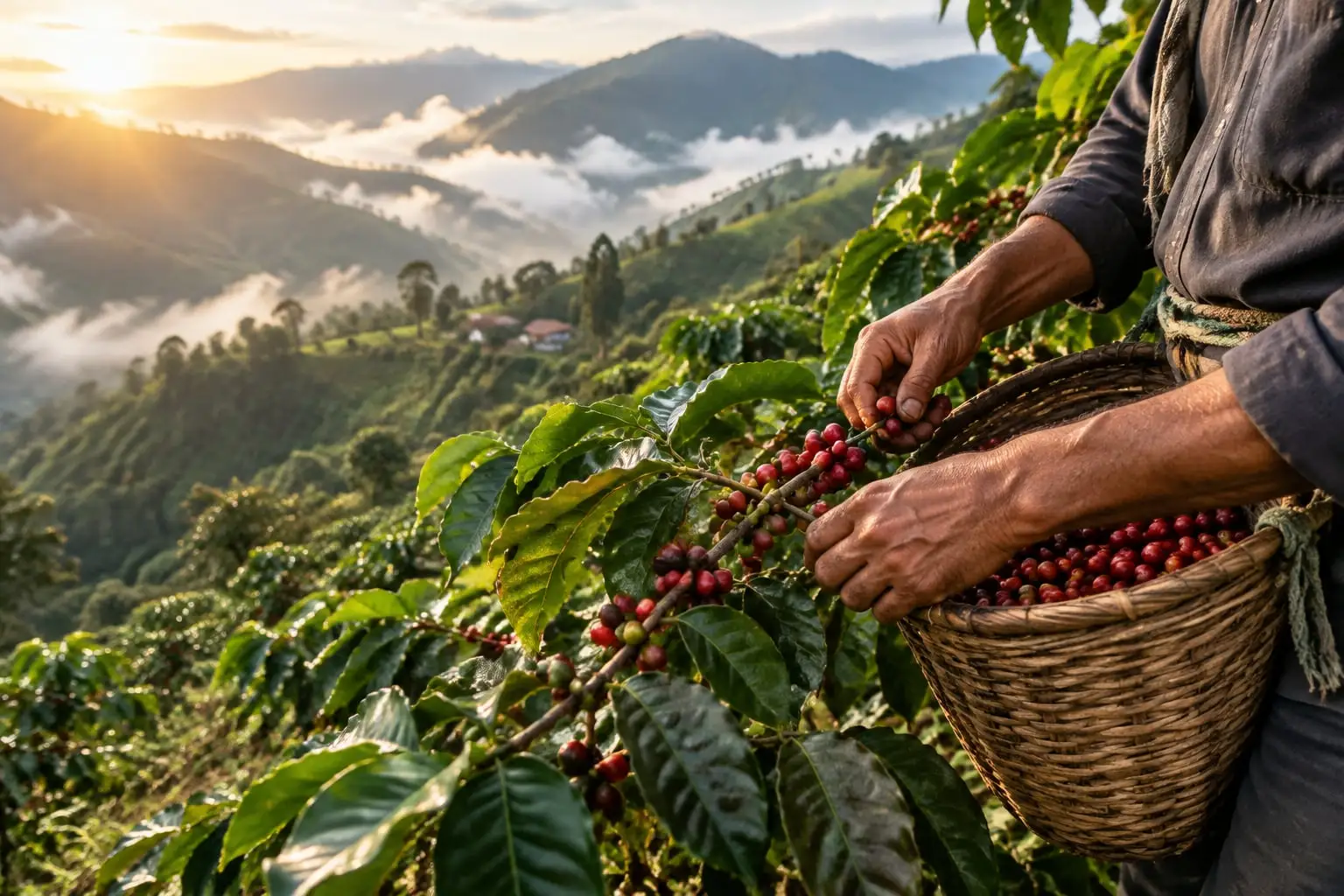 Manos de un caficultor recogiendo granos rojos de café