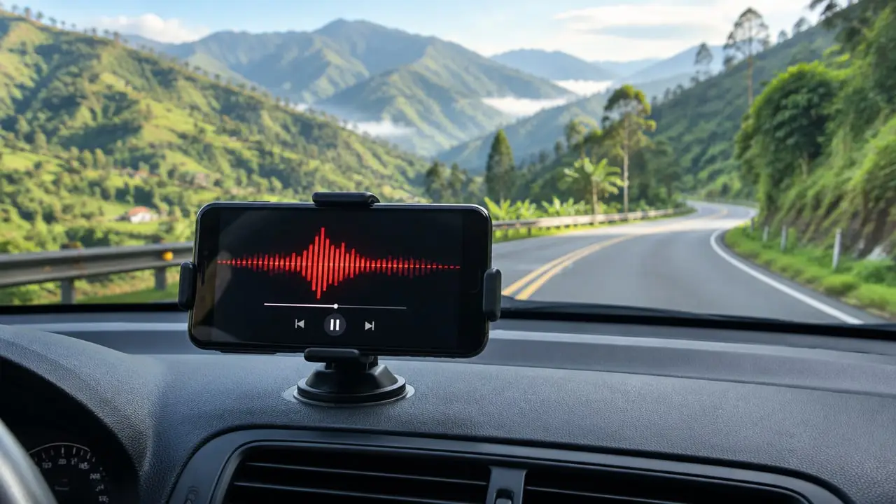 Celular sobre el tablero de un carro, conectado al radio del vehículo, con una carretera de montaña verde al fondo a través del parabrisas