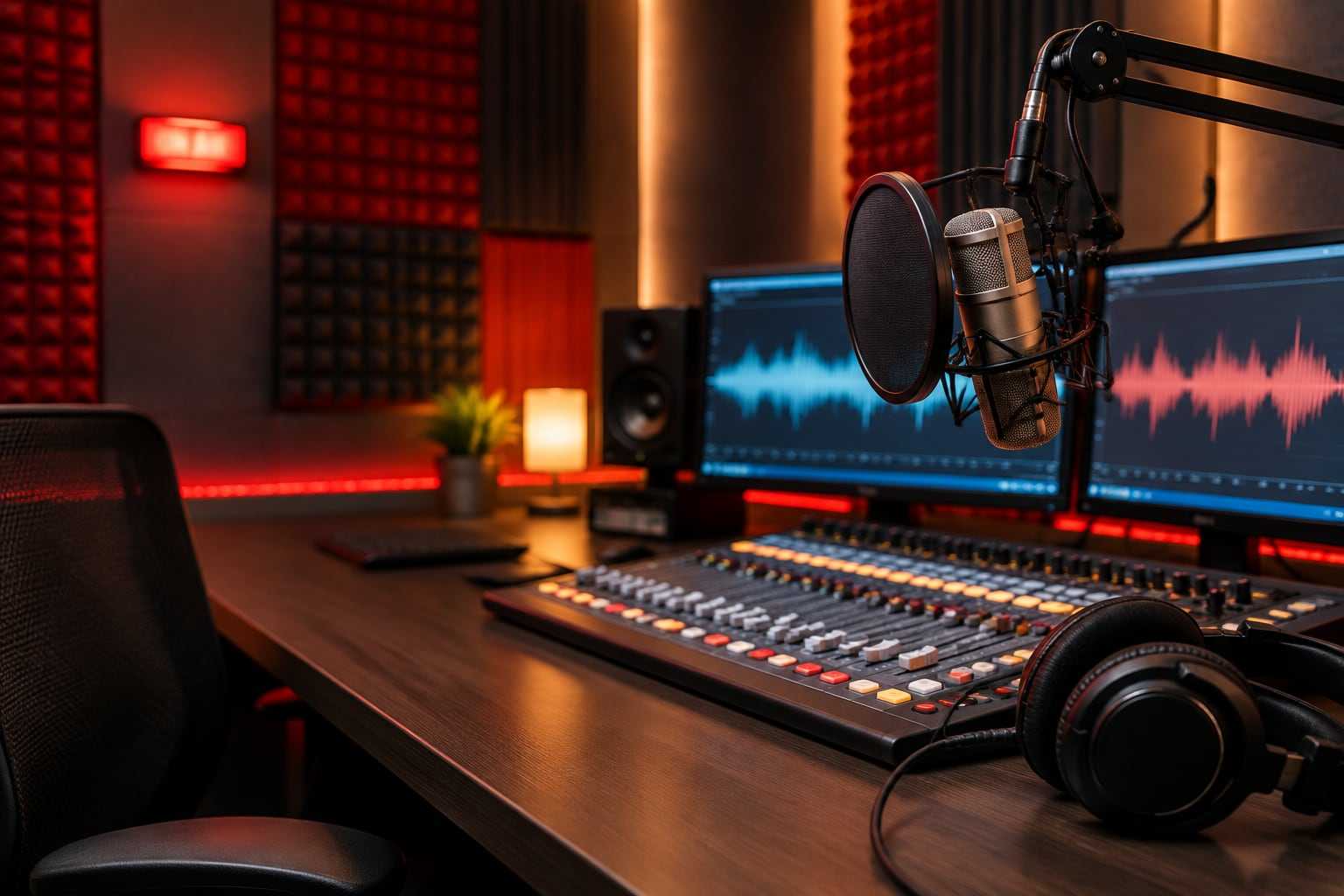 Cabina de radio con consola, micrófono, audífonos y la luz roja de al aire encendida