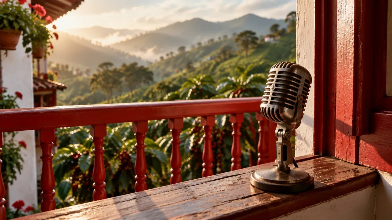 Micrófono de radio clásico sobre un balcón rojo con vista a las montañas cafeteras