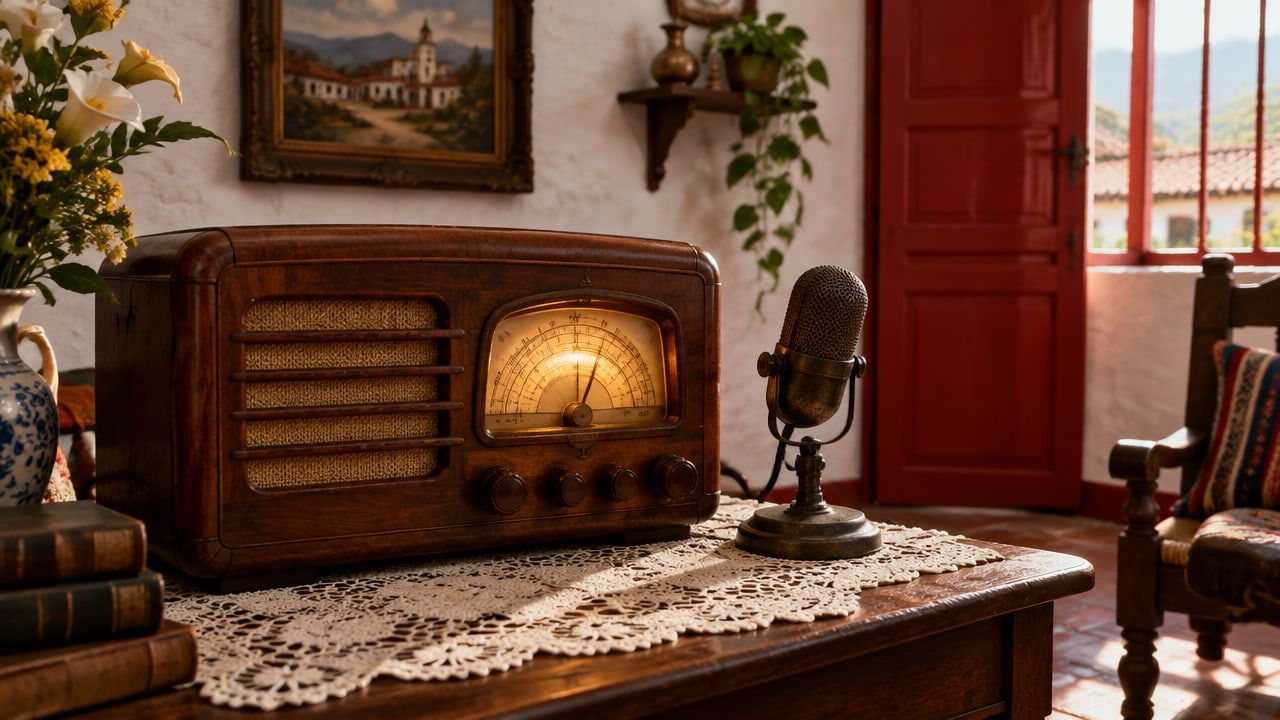 Radio antiguo de madera con perilla de sintonía, junto a un celular con audífonos sobre una mesa de finca cafetera, con montañas verdes al fondo