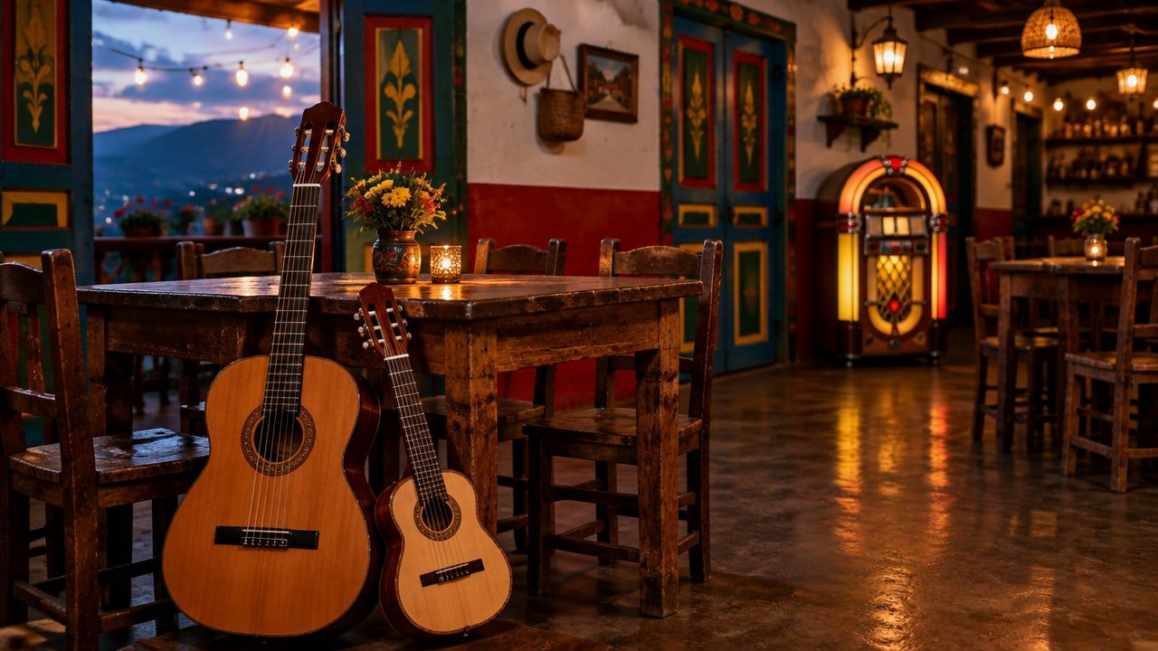 Tiple y guitarra apoyados en una mesa de madera de una fonda campesina, con una botella y copas, luz cálida de tarde y montañas verdes al fondo