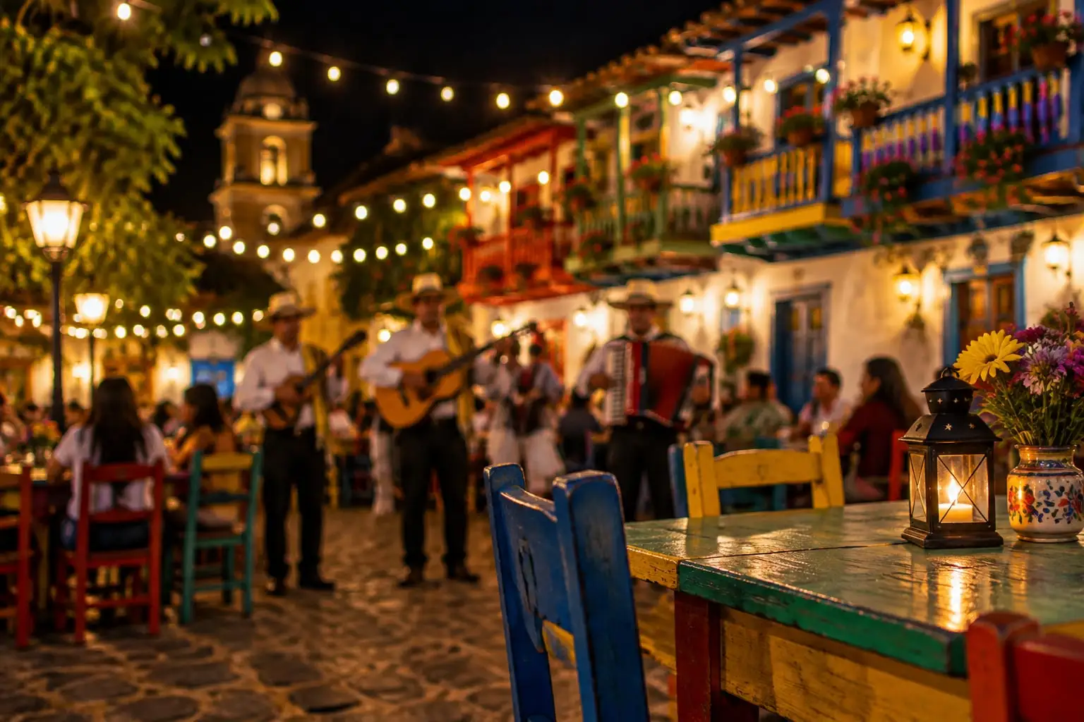 Músicos con tiple, guitarra y acordeón en una noche de parranda en la plaza del pueblo
