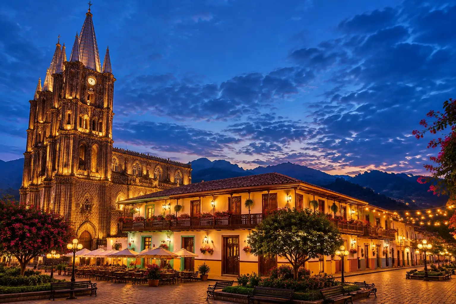 Plaza principal de Jardín, Antioquia, con la basílica iluminada al anochecer