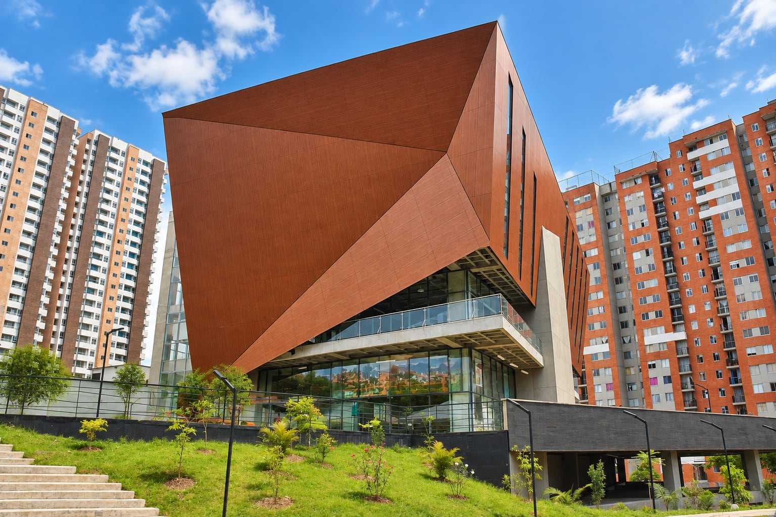 Edificio moderno de la Biblioteca Municipal de Sabaneta con fachada de color cobre