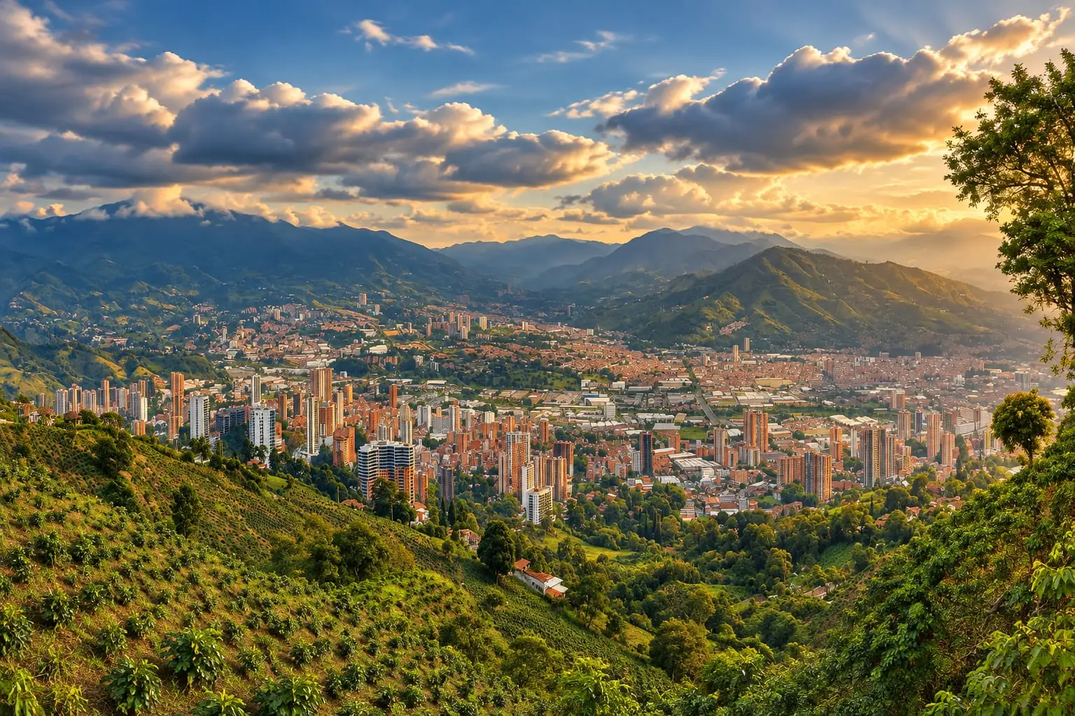 Vista panorámica de Sabaneta y el Valle de Aburrá con montañas al atardecer