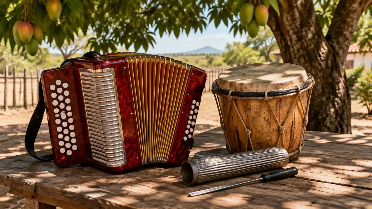 Acordeón, caja vallenata y guacharaca sobre una mesa de madera en un patio de casa caribeña al atardecer